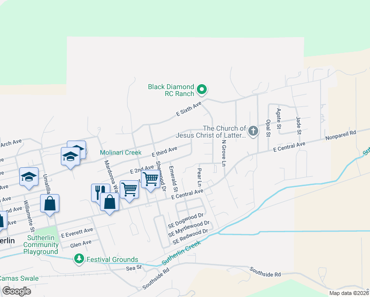 map of restaurants, bars, coffee shops, grocery stores, and more near 1216 East third Avenue in Sutherlin