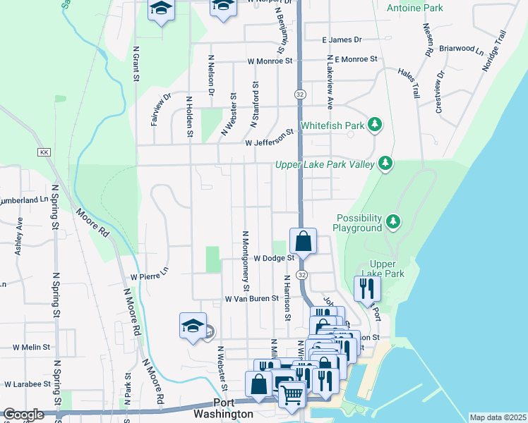 map of restaurants, bars, coffee shops, grocery stores, and more near 715 North Milwaukee Street in Port Washington