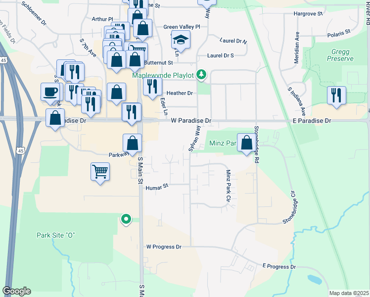 map of restaurants, bars, coffee shops, grocery stores, and more near 2000 Sylvan Way in West Bend