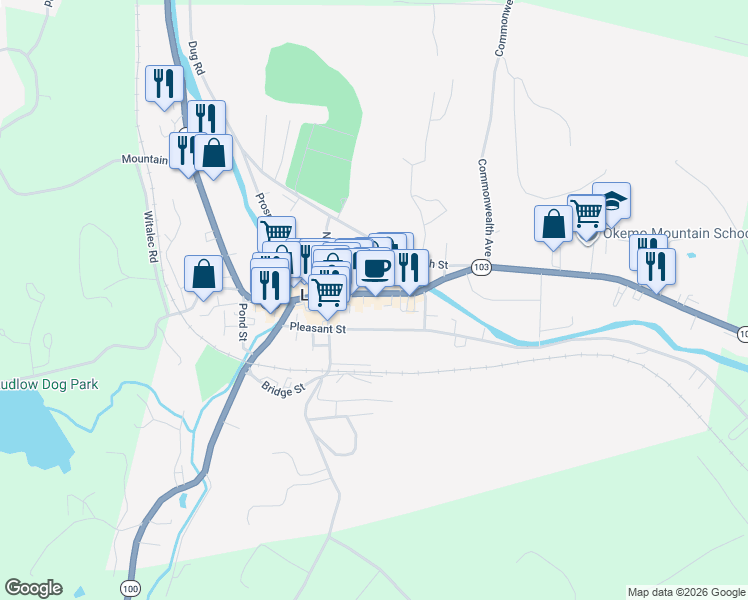 map of restaurants, bars, coffee shops, grocery stores, and more near 126 Main Street in Ludlow