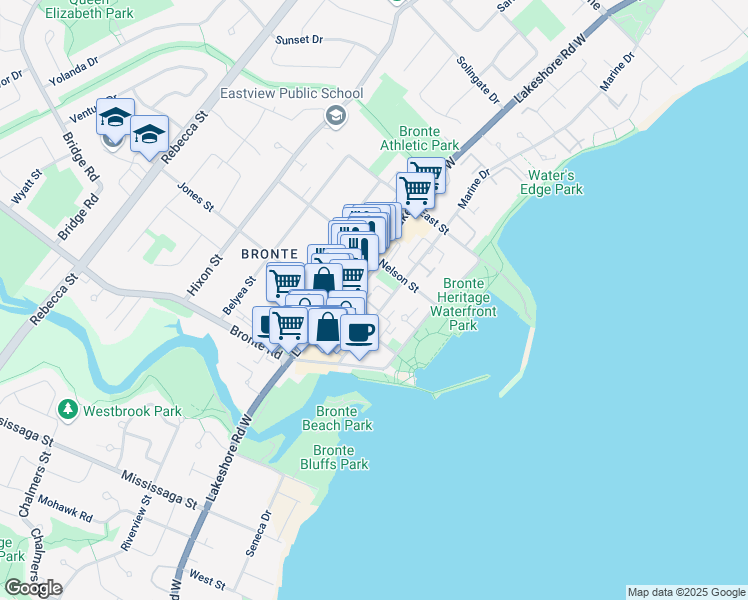 map of restaurants, bars, coffee shops, grocery stores, and more near 2375 Marine Drive in Oakville
