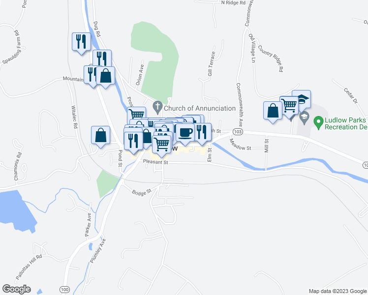 map of restaurants, bars, coffee shops, grocery stores, and more near 126 Main Street in Ludlow