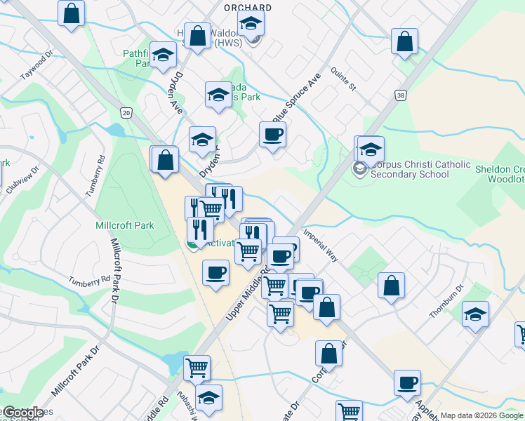 map of restaurants, bars, coffee shops, grocery stores, and more near 2038 Broadleaf Crescent in Burlington