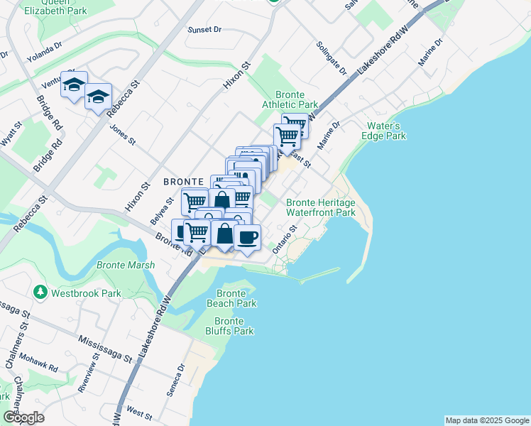 map of restaurants, bars, coffee shops, grocery stores, and more near in Oakville
