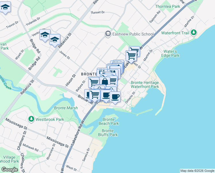 map of restaurants, bars, coffee shops, grocery stores, and more near 2393 Lakeshore Road West in Oakville