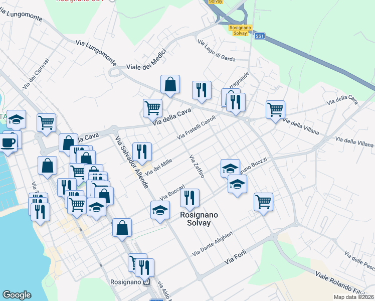 map of restaurants, bars, coffee shops, grocery stores, and more near 40 Via Fratelli Bandiera in Rosignano Solvay-Castiglioncello