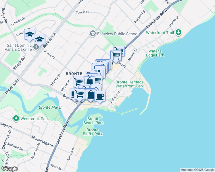 map of restaurants, bars, coffee shops, grocery stores, and more near 2365 Marine Drive in Oakville