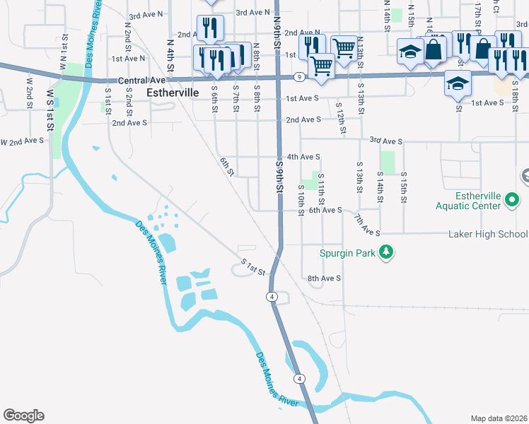 map of restaurants, bars, coffee shops, grocery stores, and more near 401-599 South 9th Street in Estherville
