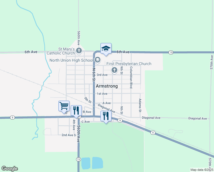 map of restaurants, bars, coffee shops, grocery stores, and more near in Armstrong