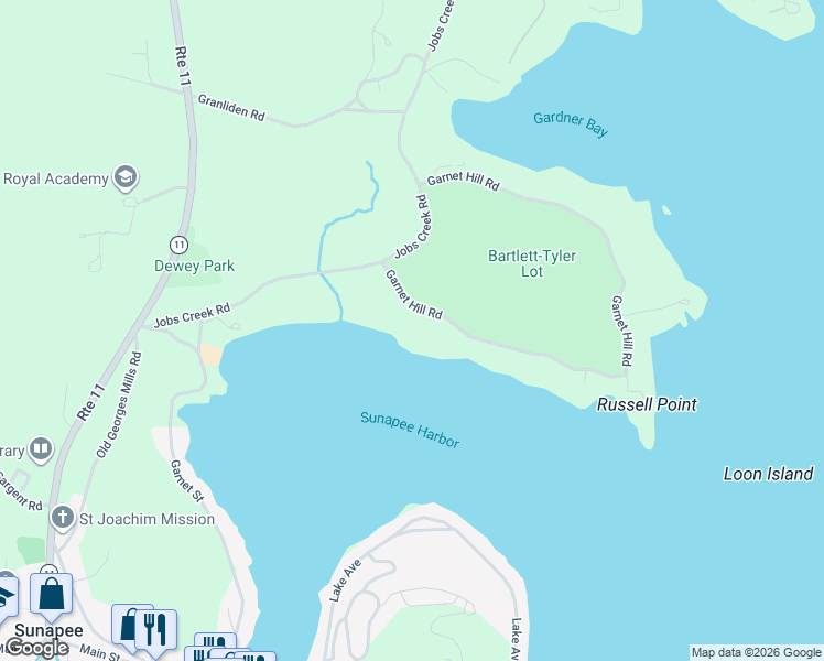 map of restaurants, bars, coffee shops, grocery stores, and more near 26 Garnet Hill Road in Sunapee