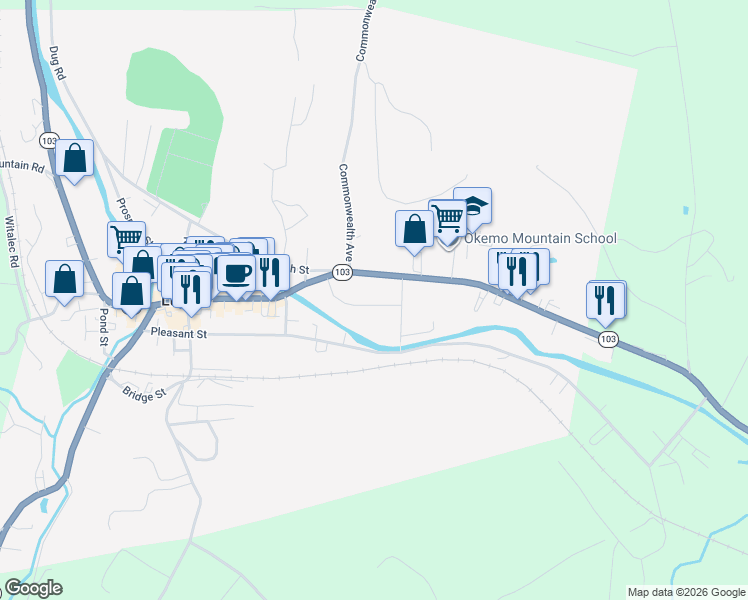 map of restaurants, bars, coffee shops, grocery stores, and more near 72 Main Street in Ludlow