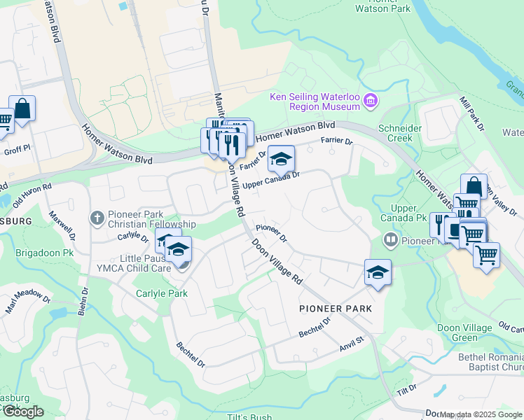 map of restaurants, bars, coffee shops, grocery stores, and more near 12-648 Doon Village Road in Kitchener