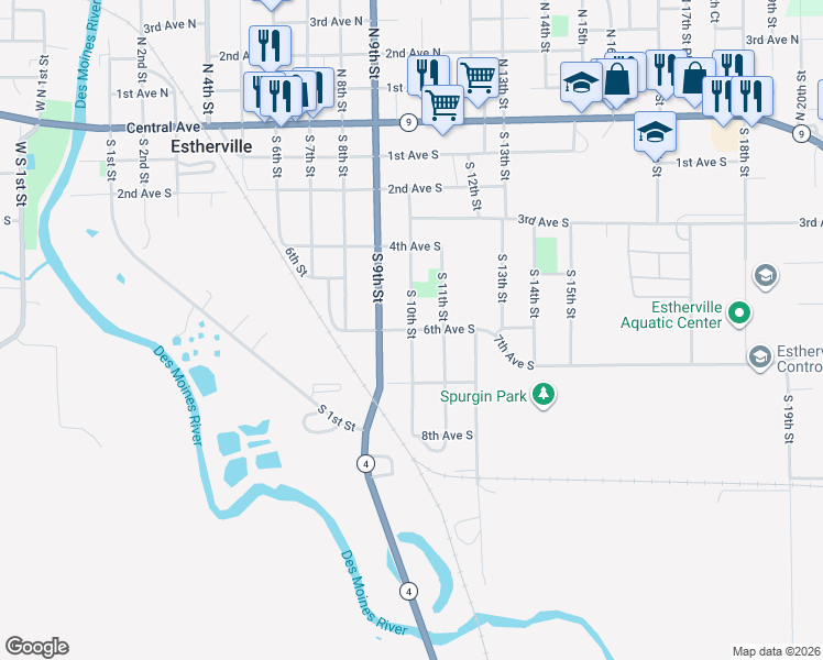 map of restaurants, bars, coffee shops, grocery stores, and more near 601 South 10th Street in Estherville