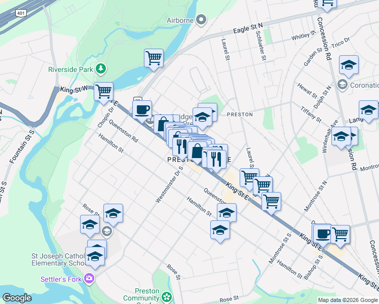 map of restaurants, bars, coffee shops, grocery stores, and more near 699 King Street East in Cambridge