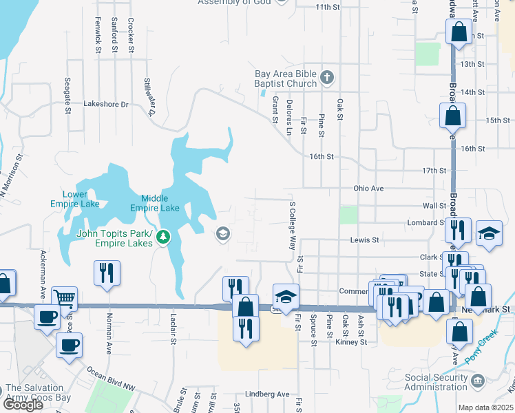 map of restaurants, bars, coffee shops, grocery stores, and more near in Coos Bay