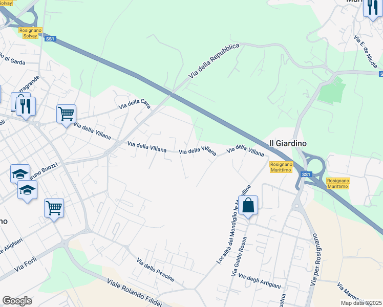 map of restaurants, bars, coffee shops, grocery stores, and more near 170 Via della Villana in Rosignano Solvay