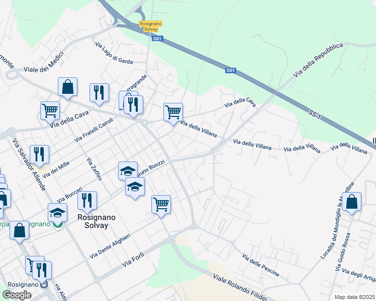 map of restaurants, bars, coffee shops, grocery stores, and more near 30 Via VIncenzo Cuoco in Rosignano Solvay-Castiglioncello