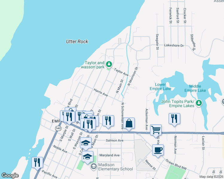 map of restaurants, bars, coffee shops, grocery stores, and more near 456 North Cammann Street in Coos Bay