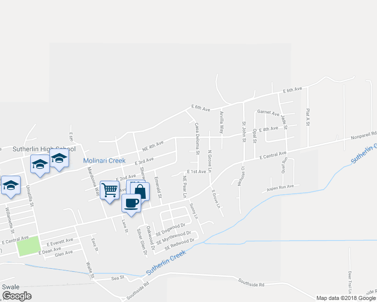 map of restaurants, bars, coffee shops, grocery stores, and more near 1301 3rd Court in Sutherlin