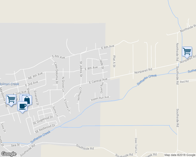 map of restaurants, bars, coffee shops, grocery stores, and more near 1743 East Central Avenue in Sutherlin