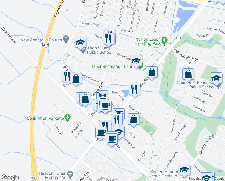 map of restaurants, bars, coffee shops, grocery stores, and more near 3091 Rotary Way in Burlington