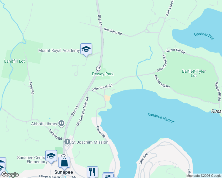 map of restaurants, bars, coffee shops, grocery stores, and more near 36 Jobs Creek Road in Sunapee