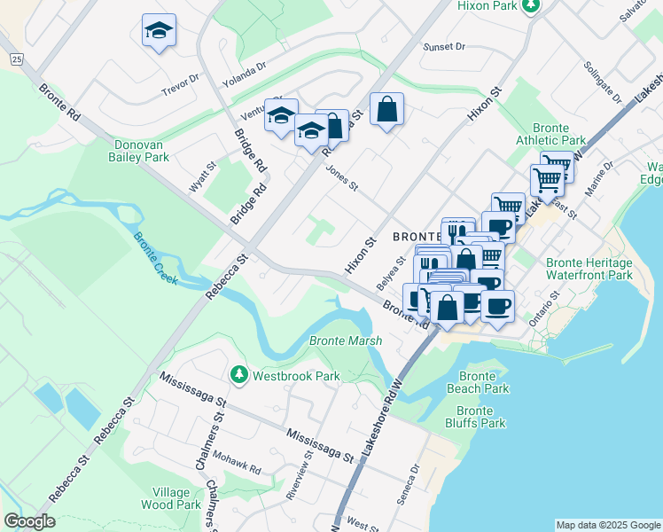 map of restaurants, bars, coffee shops, grocery stores, and more near 225 Bronte Road in Oakville