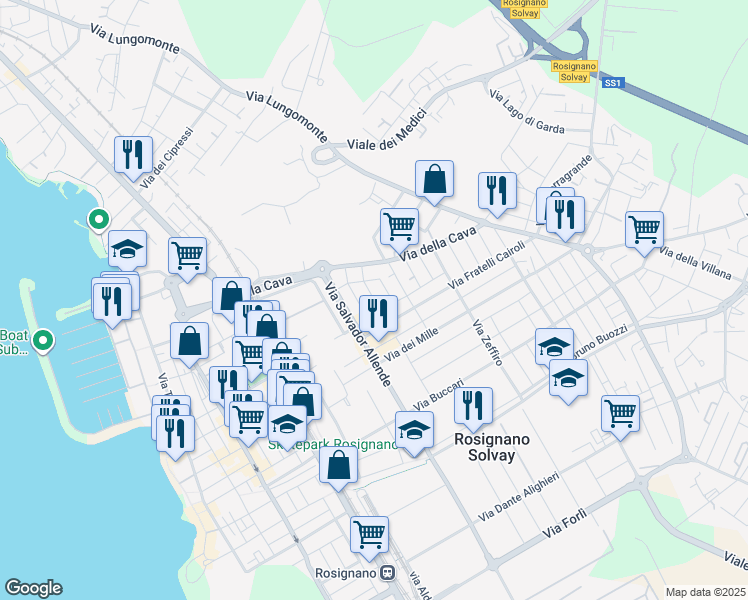 map of restaurants, bars, coffee shops, grocery stores, and more near 21 Via Calatafimi in Rosignano Solvay-Castiglioncello