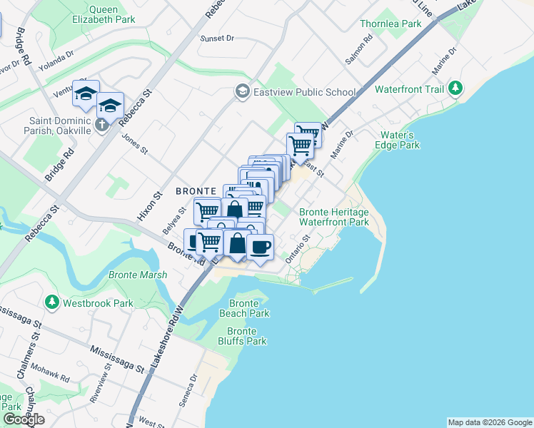 map of restaurants, bars, coffee shops, grocery stores, and more near 96 Nelson Street in Oakville
