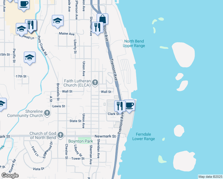 map of restaurants, bars, coffee shops, grocery stores, and more near 410 Wall Street in North Bend
