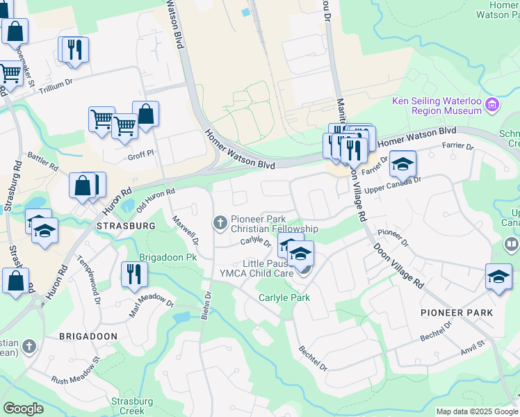map of restaurants, bars, coffee shops, grocery stores, and more near 44 Windy Ridge Drive in Kitchener