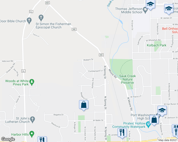 map of restaurants, bars, coffee shops, grocery stores, and more near 802 North Cumberland Lane in Port Washington