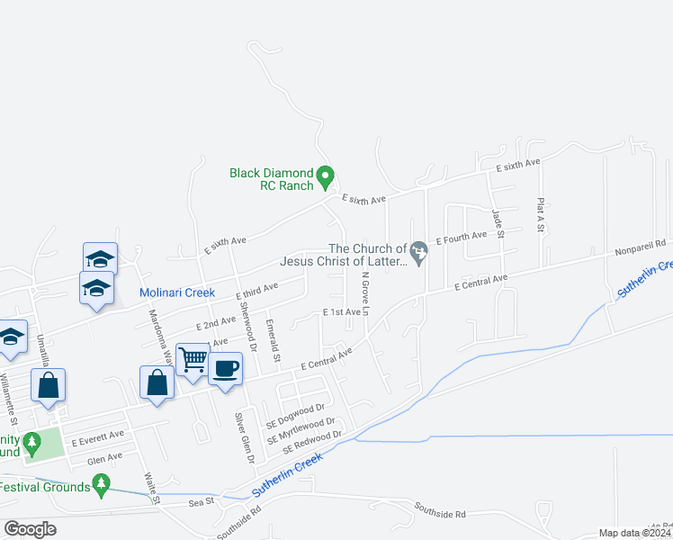 map of restaurants, bars, coffee shops, grocery stores, and more near 1355 3rd Court in Sutherlin