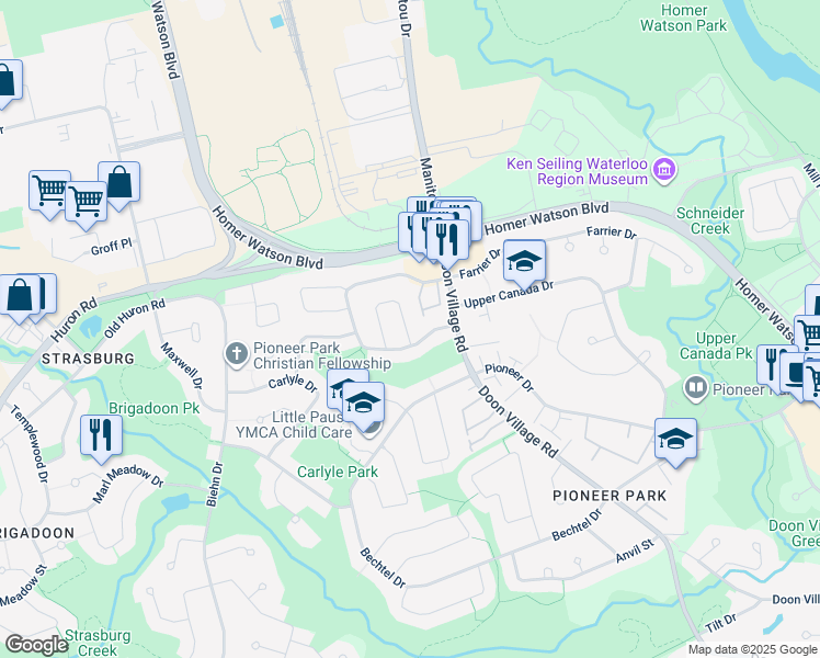 map of restaurants, bars, coffee shops, grocery stores, and more near 12 Harcourt Crescent in Kitchener