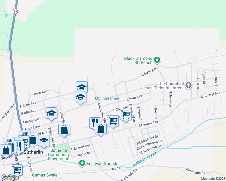 map of restaurants, bars, coffee shops, grocery stores, and more near 631 Northeast Terrace Lane in Sutherlin