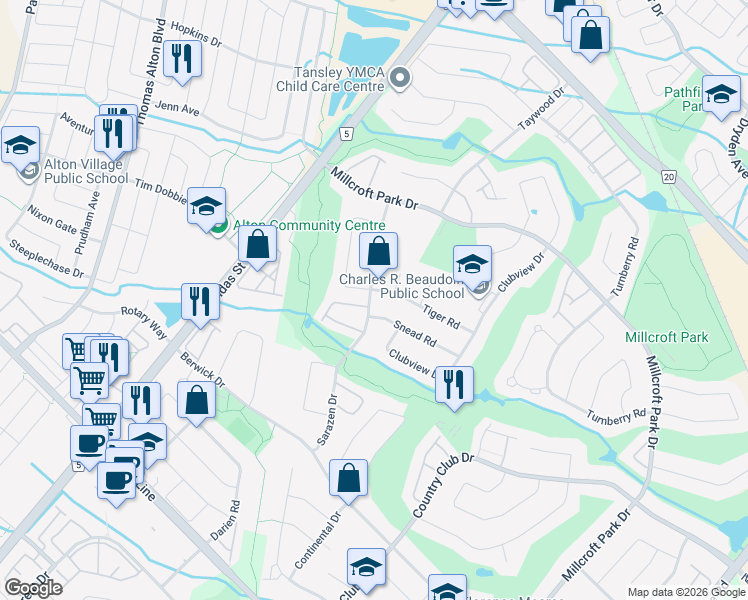 map of restaurants, bars, coffee shops, grocery stores, and more near 4256 Sarazen Drive in Burlington