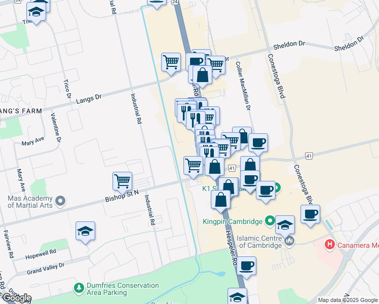 map of restaurants, bars, coffee shops, grocery stores, and more near 450 Hespeler Road in Cambridge