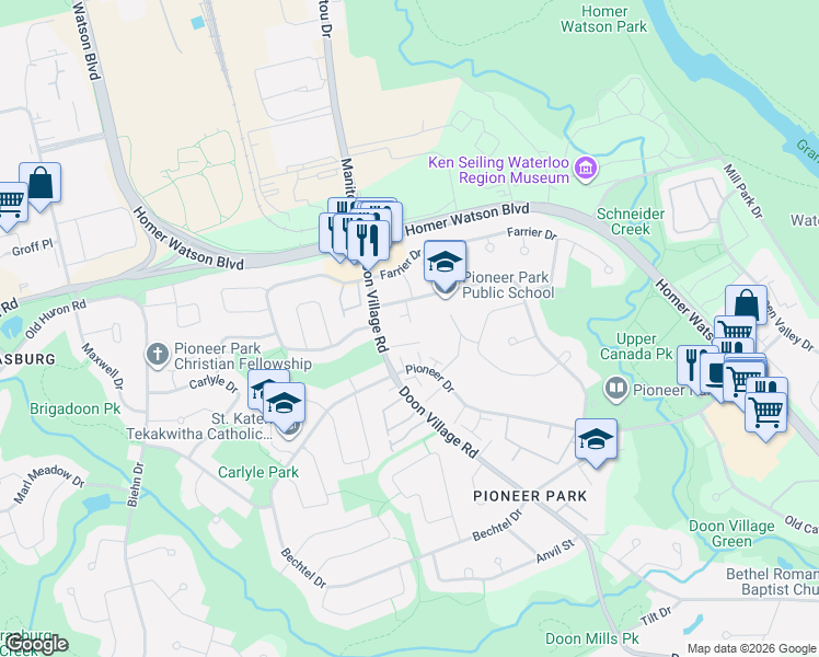 map of restaurants, bars, coffee shops, grocery stores, and more near 12-648 Doon Village Road in Kitchener
