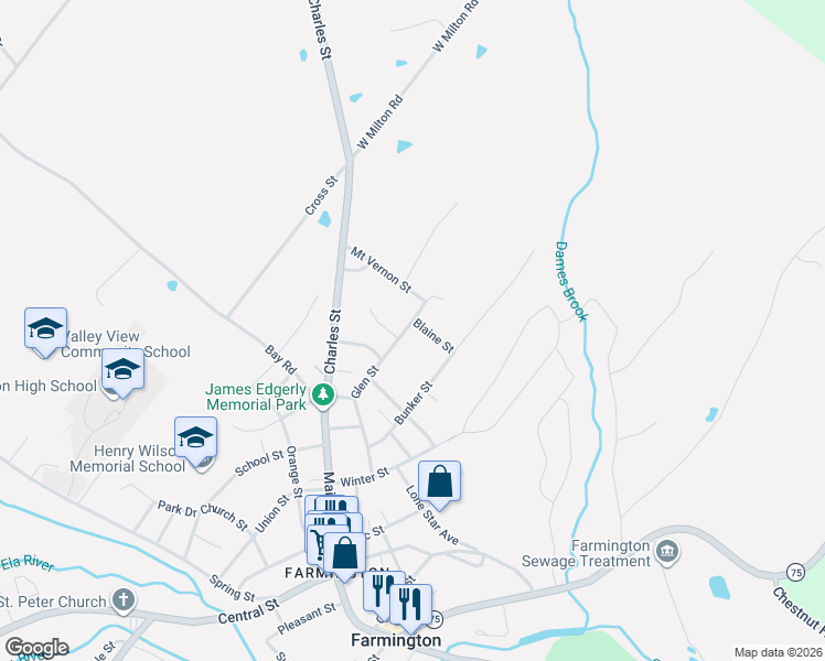 map of restaurants, bars, coffee shops, grocery stores, and more near 68 Glen Street in Farmington