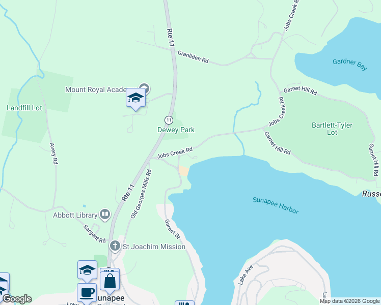 map of restaurants, bars, coffee shops, grocery stores, and more near 36 Jobs Creek Road in Sunapee