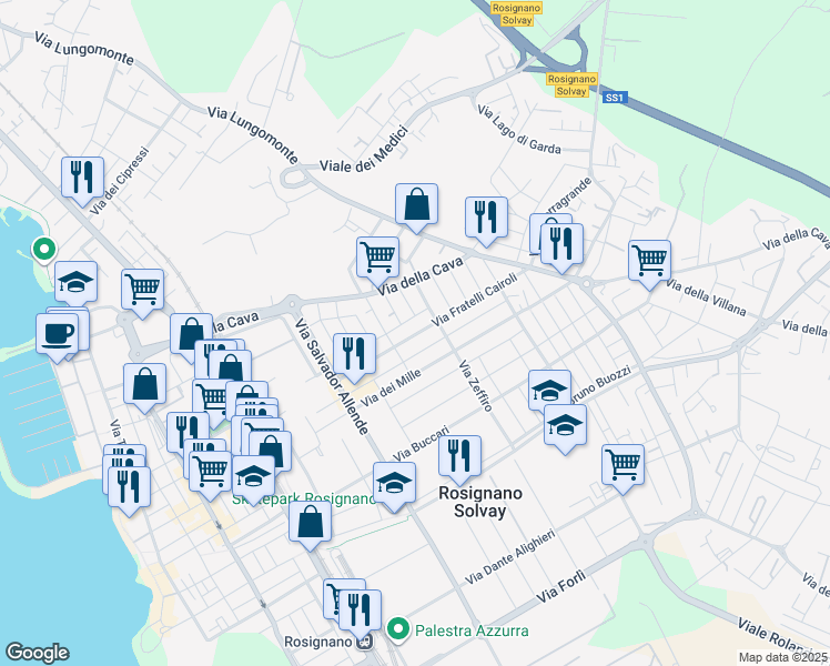 map of restaurants, bars, coffee shops, grocery stores, and more near 45 Via Fratelli Cairoli in Rosignano Solvay-Castiglioncello