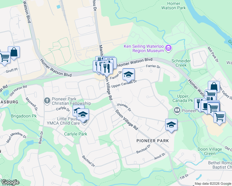 map of restaurants, bars, coffee shops, grocery stores, and more near 25 Upper Canada Drive in Kitchener