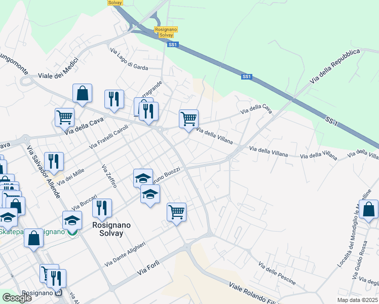 map of restaurants, bars, coffee shops, grocery stores, and more near 12B Via G. B. Vico in Rosignano Solvay-Castiglioncello