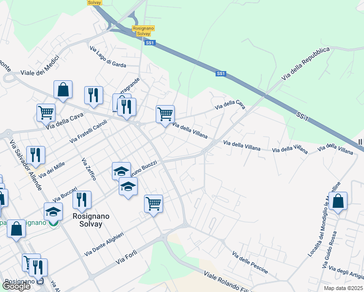 map of restaurants, bars, coffee shops, grocery stores, and more near 30 Via V. Cuoco in Rosignano Solvay-Castiglioncello