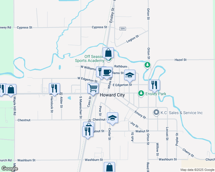 map of restaurants, bars, coffee shops, grocery stores, and more near 134 East Edgerton Street in Howard City