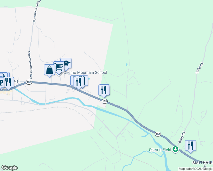map of restaurants, bars, coffee shops, grocery stores, and more near 95 Pine Hill Road in Windsor County