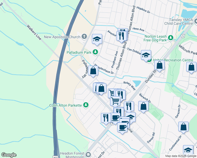 map of restaurants, bars, coffee shops, grocery stores, and more near 3240 Munson Crescent in Burlington