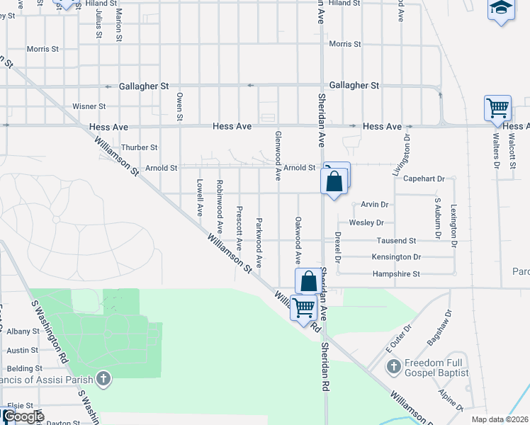 map of restaurants, bars, coffee shops, grocery stores, and more near 3233 Parkwood Avenue in Saginaw