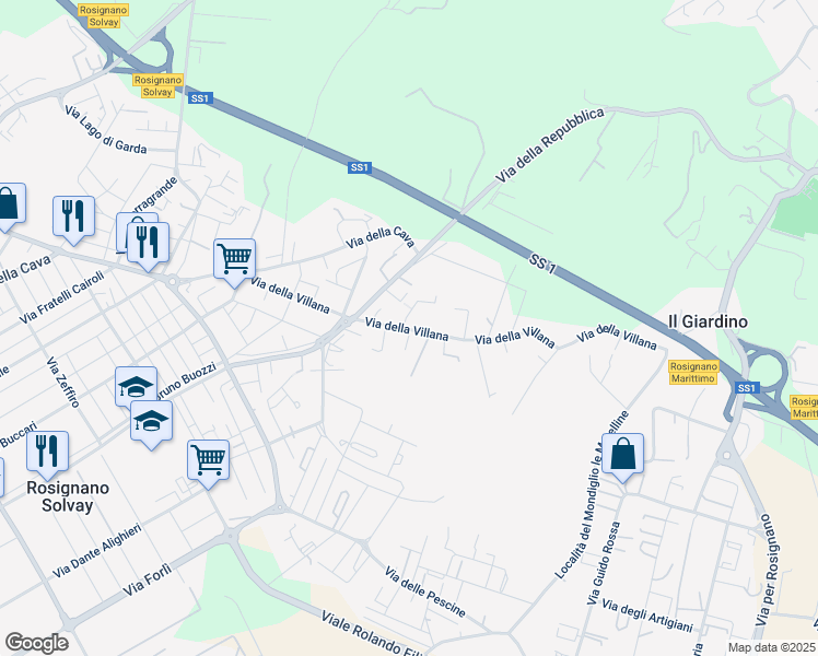 map of restaurants, bars, coffee shops, grocery stores, and more near 120 Via della Villana in Rosignano Solvay-Castiglioncello