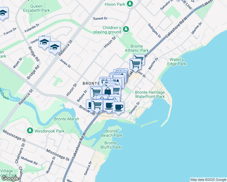 map of restaurants, bars, coffee shops, grocery stores, and more near 2375 Lakeshore Road West in Mississauga
